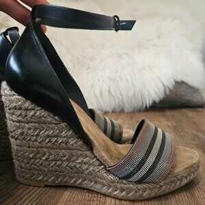 Brunello Cucinelli Monili Ankle Strap Leather Wedge Espadrille Sandals, 39IT/US9